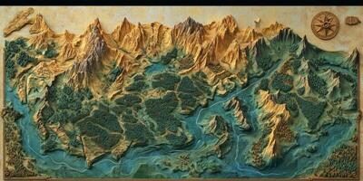 Fantasy Relief Map Mythical Mountains Rivers Magical Landscape photo