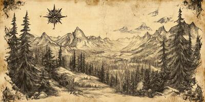 Vintage Hiking Map Hand Drawn Forest Mountains Compass Rose Sepia photo