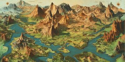 Fantasy Relief Map Mythical Mountains Rivers Magical Landscapes photo