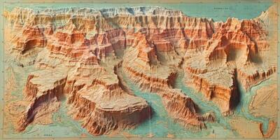 Vintage Relief Map Grand Canyon National Park Hiking Trails Canyons Aerial View Topographic Map photo