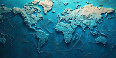 3D Embossed World Map Global Relief Texture Ocean Background photo