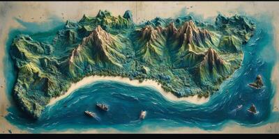 Tropical Island Relief Map Ocean Mountains Beach Ships photo