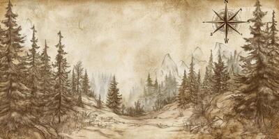 Vintage Hiking Map Hand Drawn Forest Landscape with Compass photo