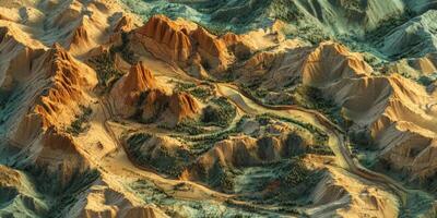 3D Topographic Hiking Trail Map Rugged Mountains Valleys Peaks photo