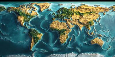 3D Relief World Map Detailed Topography Ocean Depths Continents photo