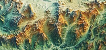 Aerial View of Rugged Mountain Range High Resolution Topographic Map photo