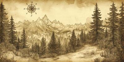 Vintage Hiking Map Hand Drawn Forest Mountains Compass Rose Sepia photo