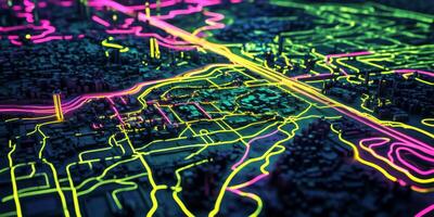 Neon Cityscape Futuristic Holographic Map Glowing Lines Urban Grid photo