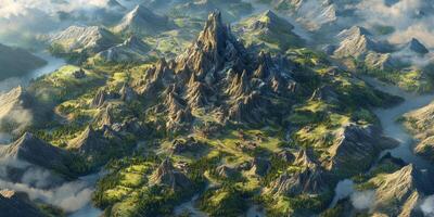Isometric 3D Fantasy Mountain Landscape Aerial View of Majestic Peaks Valleys and Villages photo