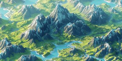Isometric 3D Mountain Range Landscape Aerial View Green Valleys Snow Peaks photo