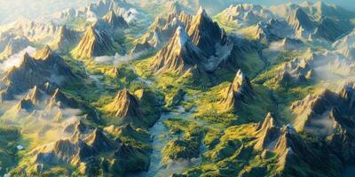 Majestic Mountain Range Isometric Map 3D Landscape Aerial View photo