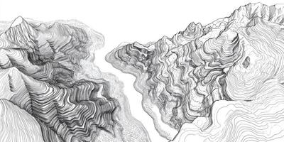 Monochrome Topographic Mountain Range Illustration Abstract Line Art Design photo