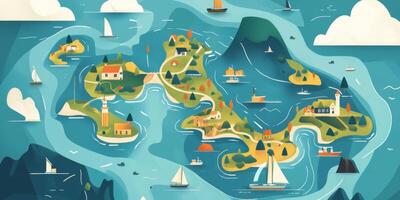 Coastal Island Map Houses Boats Beaches Nautical Illustration photo