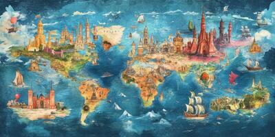 Fantasy World Map Hand Drawn Watercolor Castles Ships Landmarks photo