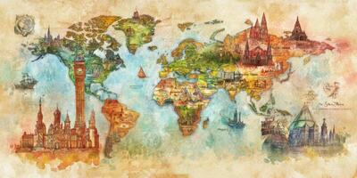 Whimsical Watercolor World Map Landmark Travel Illustration photo