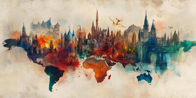 Fantasy World Map Hand Drawn Castles Digital Watercolor Global Architecture Fairytale Landmarks photo