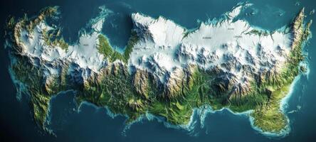 Stunning 3D Topography Map Island Mountains Ocean Green White Blue photo