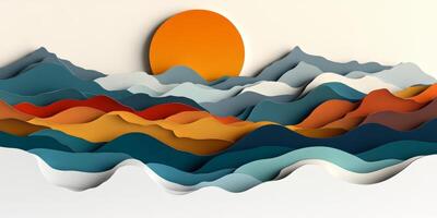 Abstract Layered Papercut Mountain Landscape Sunset Earth Tones Modern Art photo