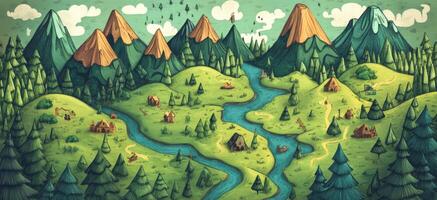 Whimsical Hand Drawn Fantasy Landscape Map Mountains Rivers Forest Houses photo