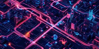 Futuristic Cityscape Neon Roads Cyberpunk Architecture Urban Planning photo