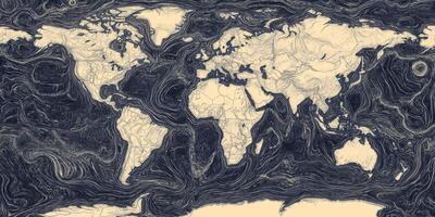 Artistic Hand Drawn World Map Ocean Currents Topography Global Geography Vintage Style photo
