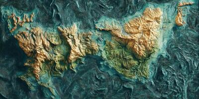 Stunning 3D Relief Map Earth Topography Tectonic Plates Landforms Ocean Golden Hues photo