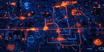 Futuristic Cityscape Neon Lights Smart City Network Technology photo