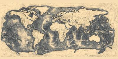 Vintage Hand Drawn World Map Ocean Currents Topography Global Geography photo