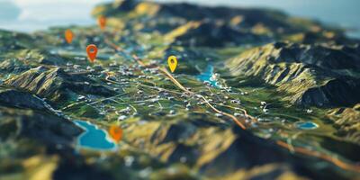 3D Navigation Map Route Planner GPS Location Pins Travel Mountain Landscape photo