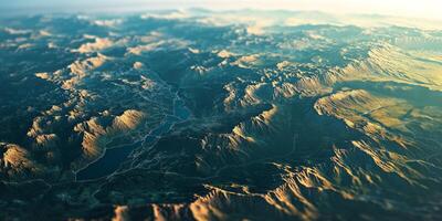 Aerial 3D Render Mountain Range Topography Sunrise Lakes Valleys Plateaus photo