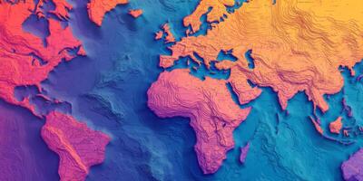 Colorful 3D Topographic World Map Global Geography Relief photo