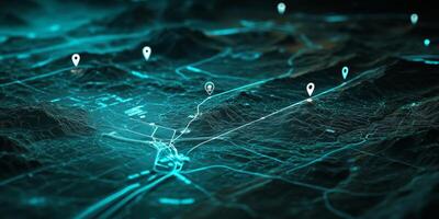 Digital Navigation Map Route Location Pins GPS Teal Technology Global Positioning System Network photo