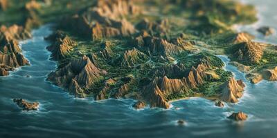 3D Rendered Coastal Landscape Mountains Ocean Island Terrain photo