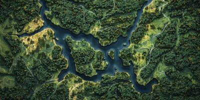 Aerial View Lush Green Forest Winding River Island Landscape photo