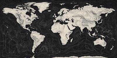 Artistic Hand Drawn World Map Global Topography Ocean Currents Travel Geography Vintage Earth Map photo