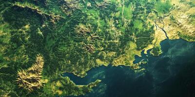Aerial View Lush Green Forest Coastal Terrain Satellite Map photo