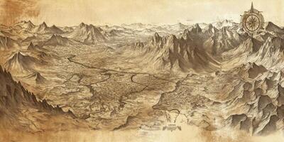 Vintage Sepia Hand Drawn Mountain Landscape Map with Compass photo