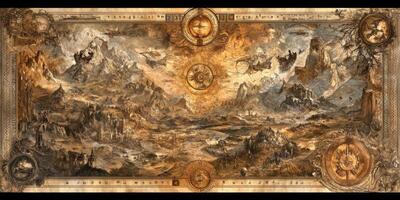 Fantasy Map Mythical Landscape Ancient Ruins Compass Rose Parchment Texture photo