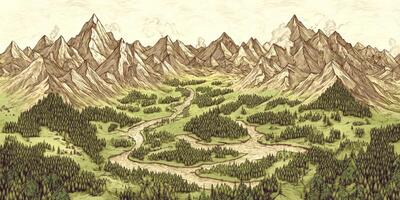Whimsical Hand Drawn Fantasy Landscape Map Mountains River Forest photo
