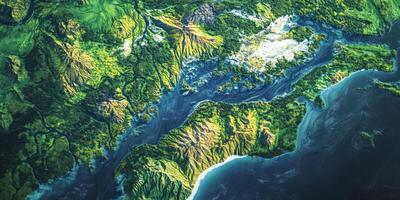 Aerial View of Lush Green Island Coastal Terrain Ocean Satellite Map photo