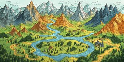 Whimsical Hand Drawn Fantasy Landscape Map Mountains River Forest Hills photo