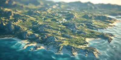 Coastal Landscape 3D Rendered Mountain Range Ocean Aerial View Island Beach Nature photo