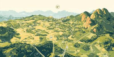 Illustrated Rural Urban Landscape Map Geographic Terrain Navigation photo