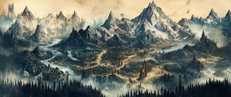 Majestic Fantasy Landscape Epic Mountains Forests River Medieval Architecture Artistic Illustration photo
