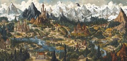 Fantasy Kingdom Map Medieval Castles Mountains Forests Illustration photo