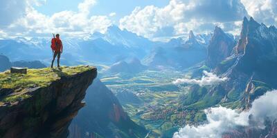Majestic Mountain Vista Hiker on Clifftop Overlooking Valley photo