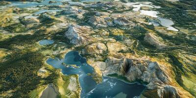 Aerial View of Mountainous Landscape with Lakes and Forests photo
