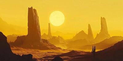 Golden Hour Desert Landscape Sun Mountains Cacti photo