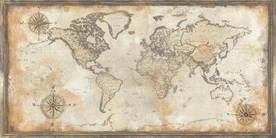 Antique World Map Vintage Travel Exploration Geography Print photo