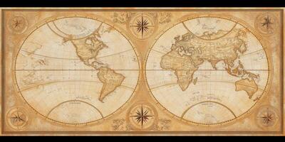 Antique World Map Sepia Tones Compass Rose Aged Texture Travel Exploration Geography photo